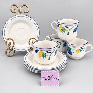 LENOX Chinastone BUTTERCUPS ON BLUE Yellow Blue Floral Coffee Cup Saucers Set 4